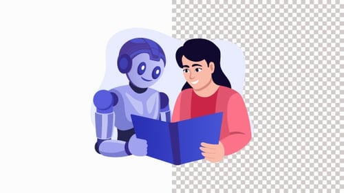 Roboter und Mensch sitzen an einem Tisch und teilen sich Buchanimation Alpha Channel