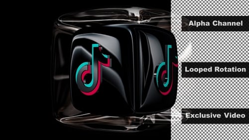 Rotación del Logo de TikTok en un cubo de cristal, canal alfa, diseño único, exclusivo, renderizado 3D