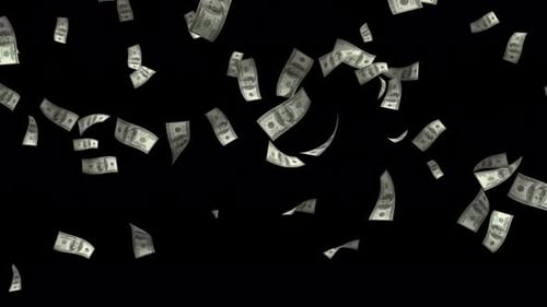 Animation one hundred dollars cash money falling and floating in the air on transparent background
