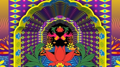 Tunnel de lotus psychédélique vibrant avec des motifs culturels indiens, mandala, symétrie colorée, Inde, hindi