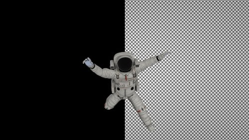 Happy astronaut flies under the camera. Alpha Channel