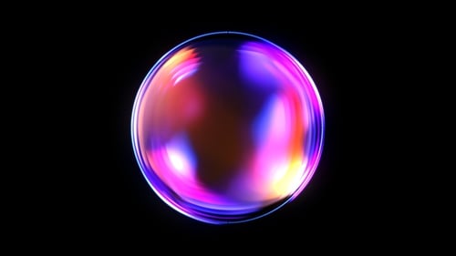 Abstrakter 3D-Kugelhintergrund mit hellen Neonverläufen und Lichtreflexen auf Schwarz.