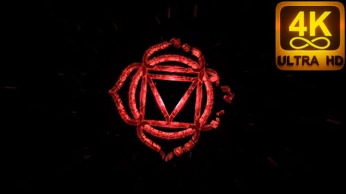 Kristall-Explosion, 3D-Hindu-Symbol, rotes Wurzelchakra, Muladhara, psychedelischer VJ-Loop, 4K-Hintergrund, Trippy