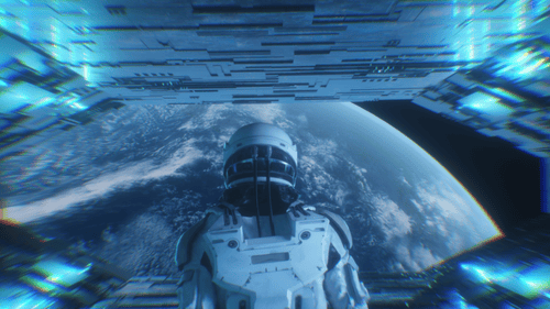 Cinematic Background Of Astronaut Walking In Sci Fi Tunnel With Planet Earth View