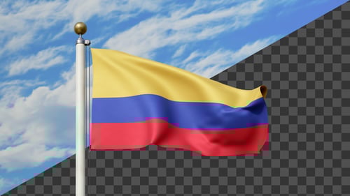 Waving Colombia Flag on Flagpole with Alpha Channel Background
