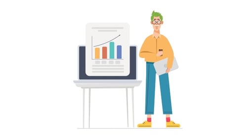 Animated Flat Design Character Presenting Data on Laptop
