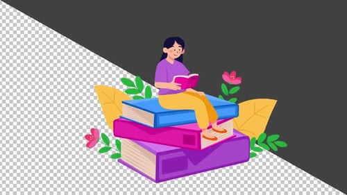 Animated Flat Design: Person Reading on a Stack of Books