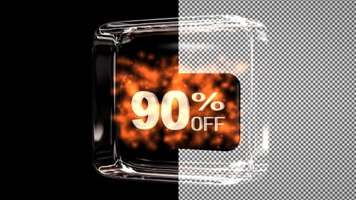 Cube en verre avec texte de réduction flottant : 90 % de réduction, Alpha Channel, Fire Particles, Exclusive