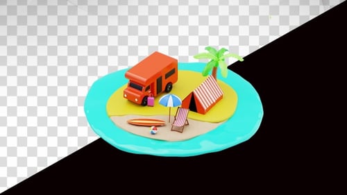 3d animation of Summer beach camping with van tent and palm