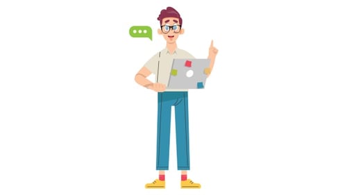 Flat Design Character with Laptop and Animated Message Icon