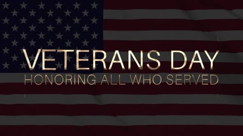 Golden Veterans Day Text Animation on Waving American Flag
