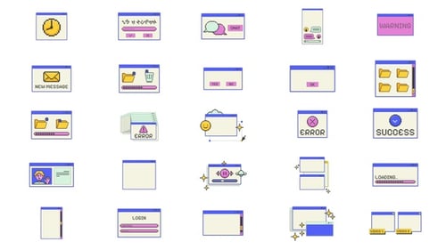 Vielseitiges Animationsset für Popup-Fenster mit Pixelgrafiken und UI-Overlays