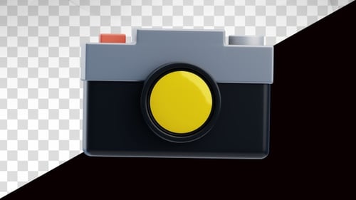 camera with bright yellow lens front view 3d animation