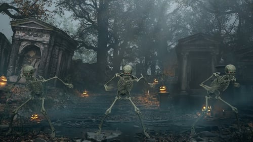 Halloween Night Misty Cemetery With Dancing Spooky Skeletons