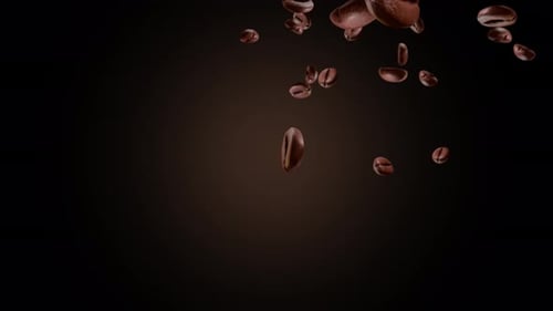 4K Freshly roasted coffee beans fly down and spin on a black loop background.