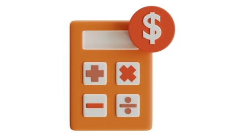 Orange 3D calculator with dollar coin icon for financial accounting and budget planning