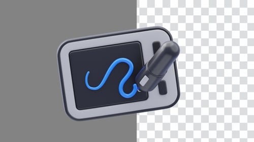 Animated 3D Icon of Graphic Tablet with Stylus Drawing