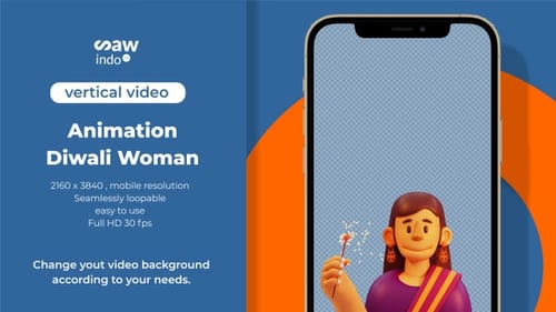 3D Animation Diwali Woman Holding Sparkler Vertical Transparent Loop