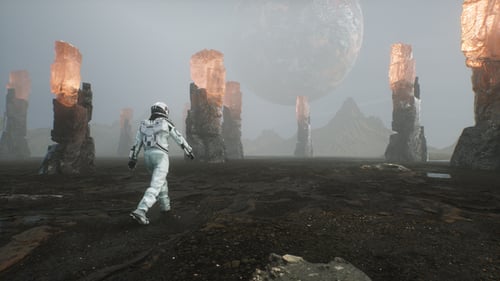 Astronaut Walks On The Surface Of A Alien Planet With A View Of Space Landscape