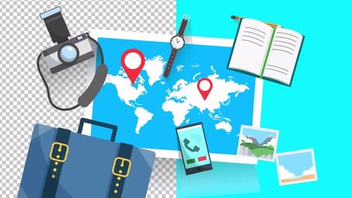 Animated Flat Design World Travel Map and Icons
