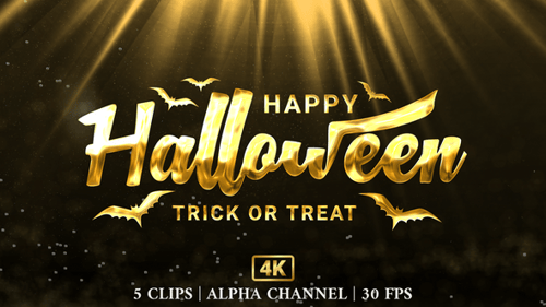 Animated Golden Happy Halloween Title with Flying Bats