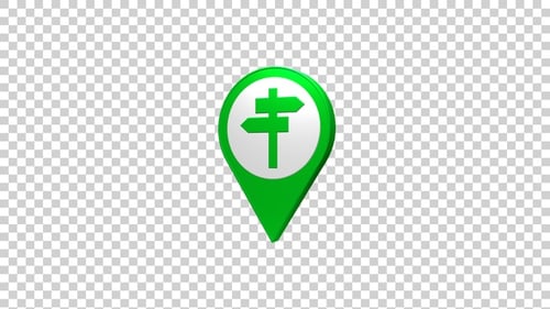 Rotating 3D Green Map Pin with Signpost Icon