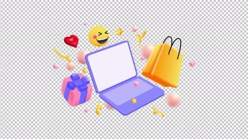 Animated 3D E-commerce and Celebration Icons with Laptop and Shopping Bag