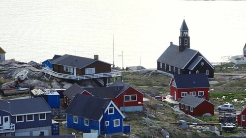 Aerial View of Village Colorful Houses and Church