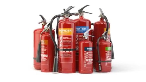 Rotating Collection of Various Red Fire Extinguishers