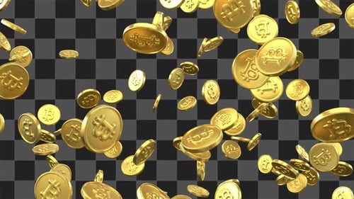 Animated Golden Bitcoin Coins Falling on Alpha Background