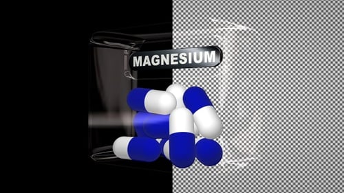Magnesium Pills in a Glass Cube, Capsules, Alpha Channel, Looped, Exclusive