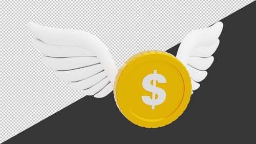 3D Gold Coin With Wings | Alpha Channel