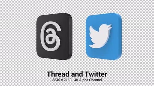 Animated 3D Threads and Twitter Social Media App Icons