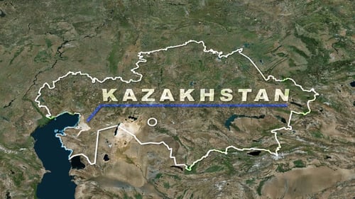 Kazakhstan Map Zoom with Highlighted Border and Country Name Reveal