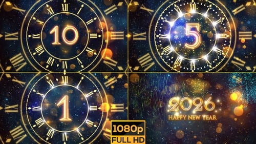 Golden New Year Countdown Clock with Sparkling Fireworks