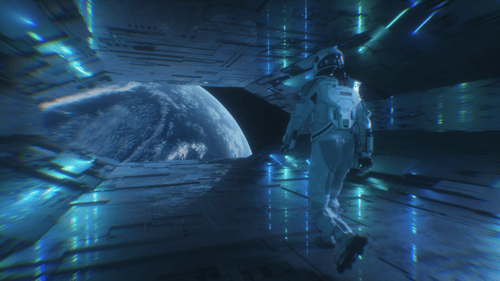 Walking Astronaut In Futuristic Sci Fi Tunnel With Planet Earth View