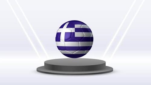Rotating 3D Greece Flag Soccer Ball on White Podium