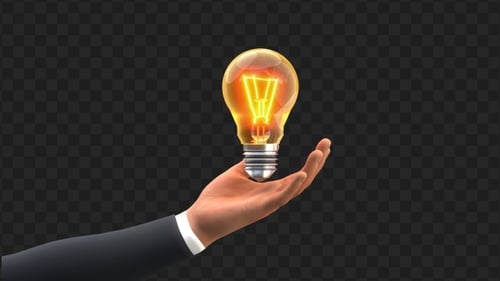 3D Animation of Hand Holding a Bright Lightbulb Representing an Idea | Alpha Channel