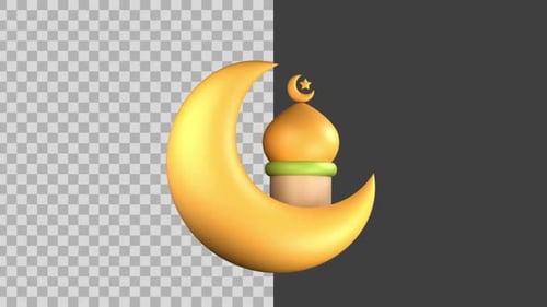 Croissant de lune animé en 3D et icône de mosquée