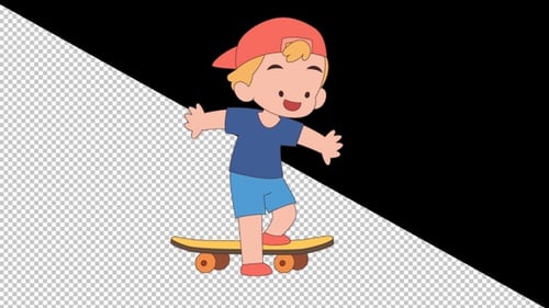 Flat Design Cartoon Boy Skateboard Animation with Alpha Channel