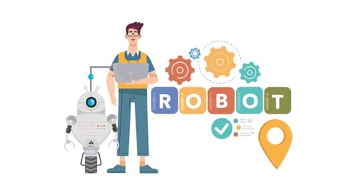 Animated Programmer Coding Robot with Gears and Data