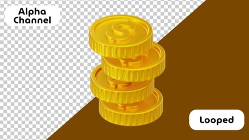 3D Animation of Stack of Coins for Wealth | Alpha Channel