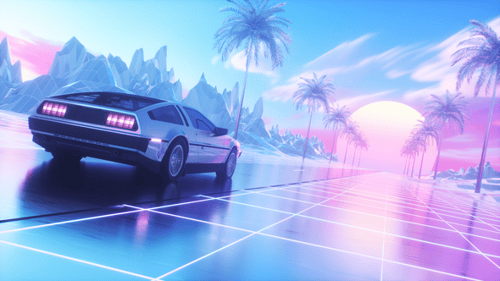 Colorful Synth Wave Style Background Of Riding Car And Landscape