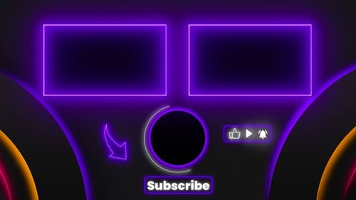Purple neon end screen. Subscribe button and outro for gaming and video channels