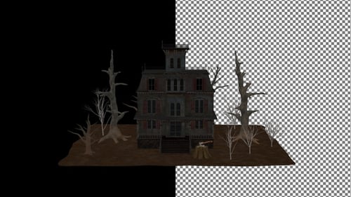 Scary Scene with Haunting House, Alpha Channel, Looped Rotation, 3D Render, Exclusive