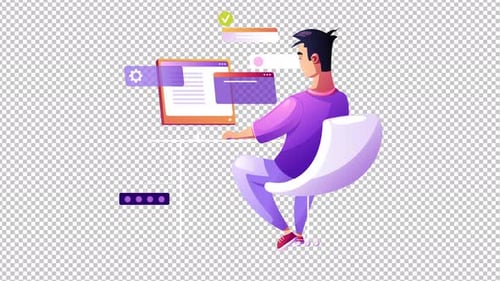 Animated Worker Typing at Computer with Data UI Elements