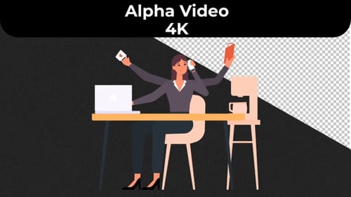 Multitasking Businesswoman Working at Office Desk Flat Design Animation