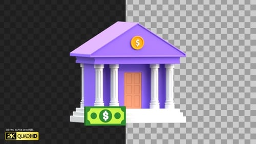 3D Bank Building and Money | Alpha Channel