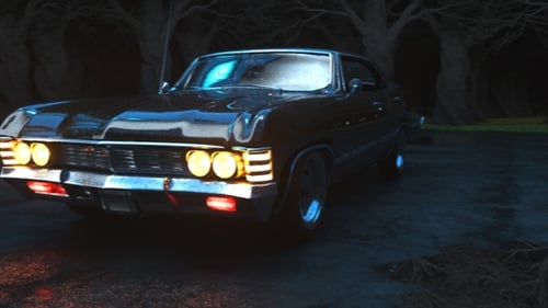 Classic Car Spinning at Night with Dramatic Reflections