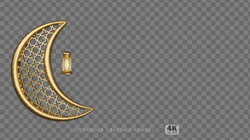 Laterne mit goldenem Halbmond, islamisches Muster, Ramadan Eid Mubarak, 3D-Renderer, transparenter Hintergrund